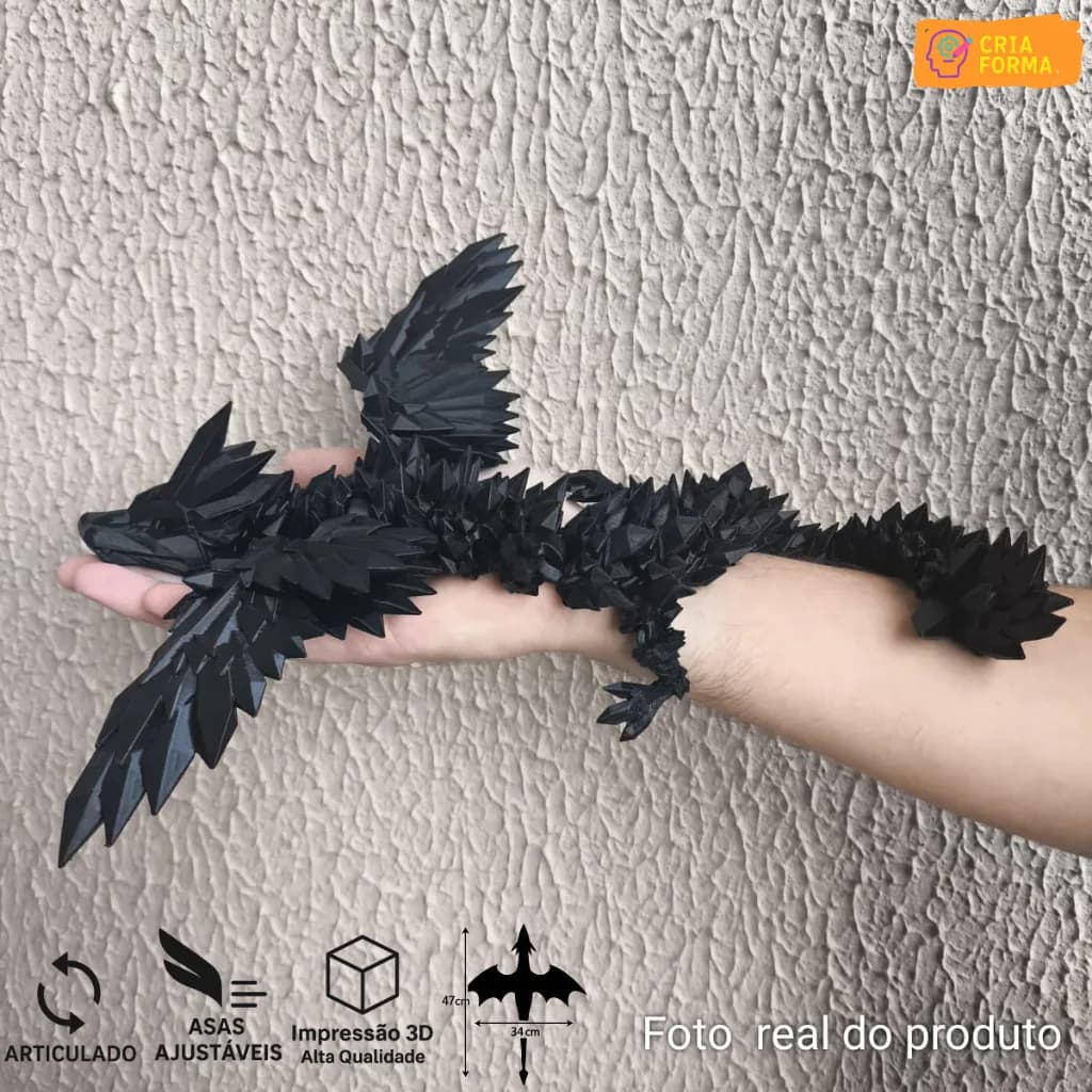 Dragão Articulado Preto 47 cm – Impressão 3D, Asas Ajustáveis, Colecionável