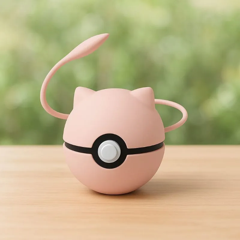 Pokébola Mew Decorativa | Mini Pokébola Rosa com Orelhas e Cauda | Impressão 3D | Colecionável Pokémon