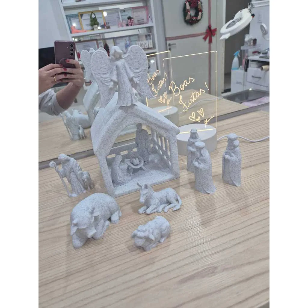 Presépio Natalino em Impressão 3D – Conjunto Completo Decorativo de Mesa Branco Marmorizado